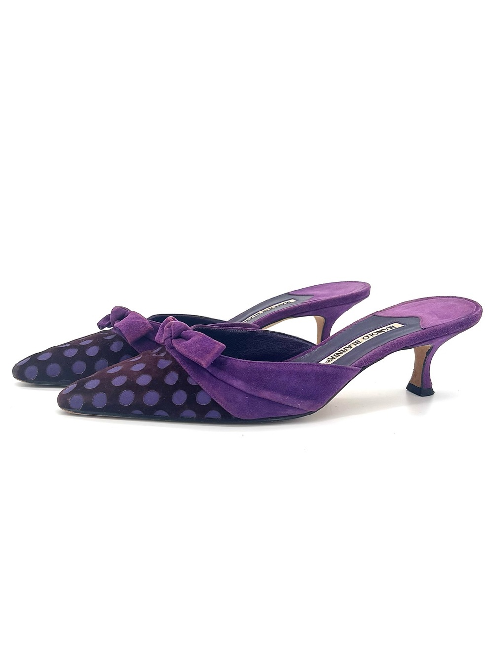 Manolo Blahnik Vintage Polka Dot Bow Pointed Toe Kitten Heel Mules 38.5